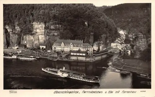 Elbsandsteingebirge Herrnskretschen a. Elbe Dampfer AK 1940, Foto W. Hahn 4046