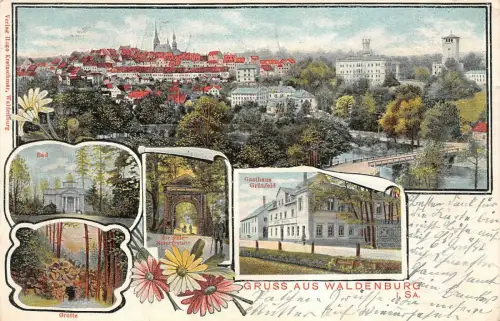 Gruss aus Waldenburg mit Gasthaus Grünfeld Sachsen Litho Postkarte 1917