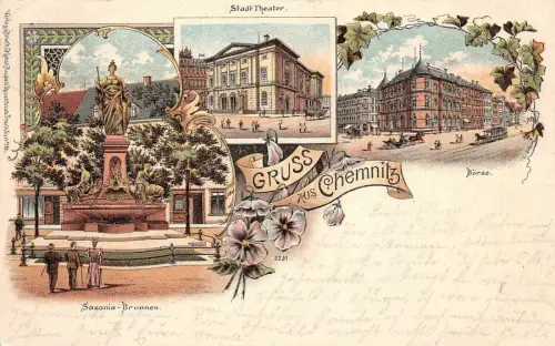 Gruss aus Chemnitz Stadt-Theater Saxonia-Brunnen Börse AK 1899
