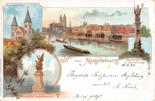 Gruss aus Magdeburg Denkmal im Herrenkruge Marienkirche Litho AK 1898