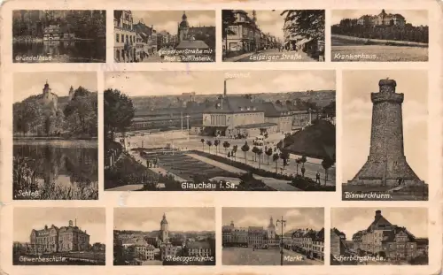 Panorama Karte Krankenhaus und Gründelhaus in Glauchau Sachsen Postkarte AK 1940