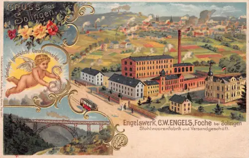 Gruss aus Solingen Engelswerk C.W. Engels Foche Stahlwaarenfabrik AK geprägt