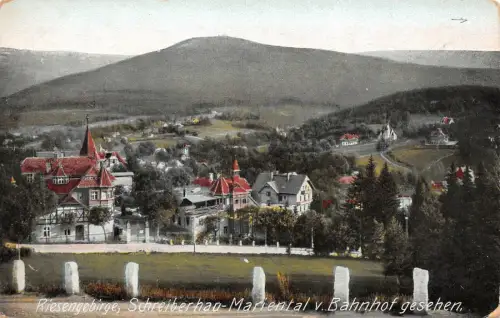 Riesengebirge Schreiberhau-Mariental v. Bahnhof gesehen Postkarte AK