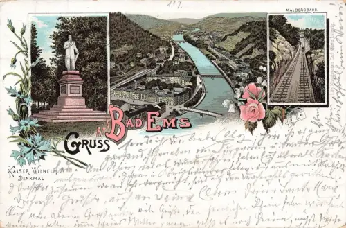 Gruss aus Bad Ems mit Malbergbahn Rheinland-Pfalz Litho AK 1898