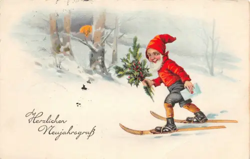 Zwer mit Ski Glückwunsch Neujahr Postkarte Pulsnitz 1934