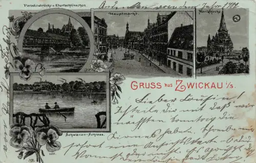 Gruss aus Zwickau i./S. Paradiesbrücke u. Ebertschlösschen Postkarte AK 1899