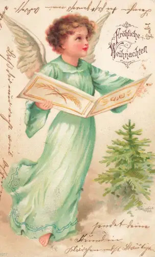 Fröhliche Weihnachten Engelskind Flügel Buch Tannenbaum Postkarte AK 1902