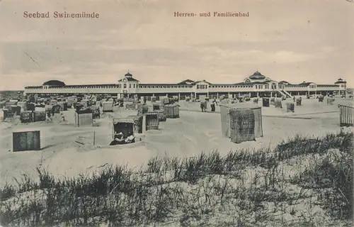 Herren und Familienbad, Strand in Seebad Swinemünde Pommern Postkarte AK 1918