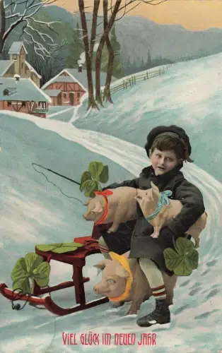 Viel Glück im neuen Jahr Kind Schweine Kleeblätter Schlitten Postkarte AK 1911