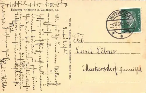 Talsperre bei Kriebstein b. Waldheim Sa. Postkarte AK 1936