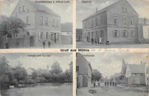 Gruß aus Mölbis Schloss und Kirche Geschäftshaus v. Alfred Loth Postkarte AK
