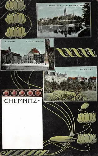 Kaiserplatz, Neues Theater und Museum in Chemnitz Sachsen Postkarte AK