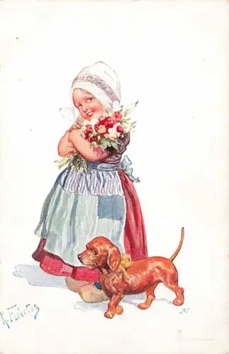 Holländische Mädchen Dackel Künstlerkarte K. Feiertag Nr 2