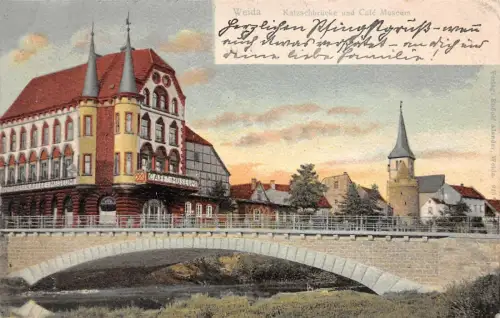 Kaizschbrücke und Café Museum Weida Thüringen Postkarte AK 1905