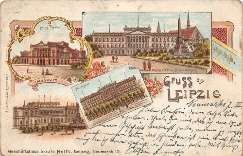 Gruss aus Leipzig Hauptpost Neues Theater Universität Litho AK 1900