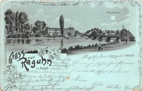Gruss aus Raguhn in Anhalt Sachsen-Anhalt Mondschein Postkarte AK 1901