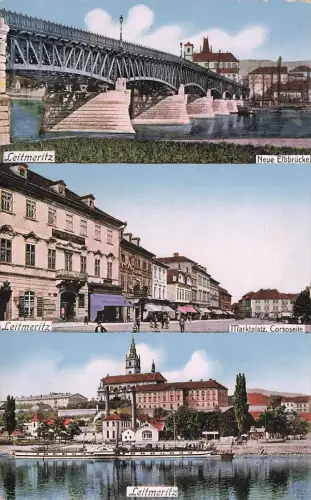 Elbbrücke und Marktplatz in Leitmeritz Litoměřice Böhmen Postkarte AK