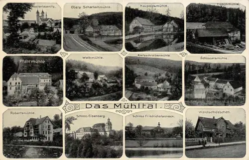 Panorama-Karte vom Mühltal mit Schlössern und Kloster Sachsen Postkarte AK