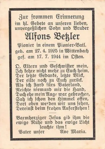 Sterbebild Pionier eines Pionier - Bataillon gefallen 1944 Ostfront