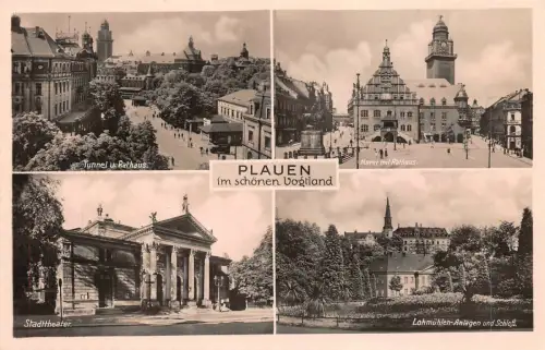 Stadttheater, Markt mit Rathaus und Schloss Plauen Vogtland Sachsen Postkarte