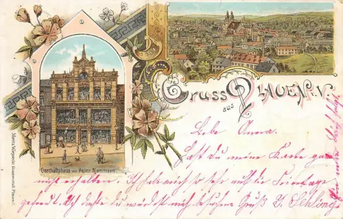 Gruss aus Plauen i.V. Geschäftshaus Heinr. Nommsen Litho Postkarte 1899