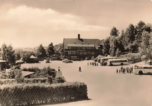 Gaststätte mit Ikarus Bussen Talsperre Kriebstein Sachsen Postkarte AK