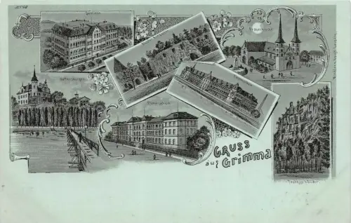 Gruss aus Grimma mit Semniar, Kirche, Kloster Sachsen Mondschein Litho Postkarte