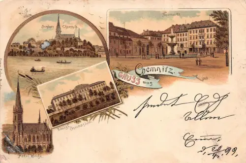 Gruss aus Chemnitz Schloss Petri Kirche Gymnasium Neumarkt Litho AK 1899