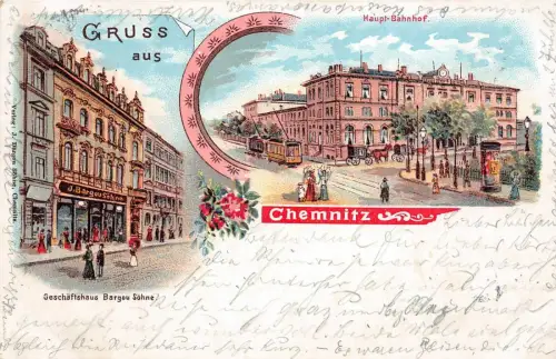 Gruss aus Chemnitz mit Bahnhof und Geschäftshaus Sachsen Postkarte AK 1902