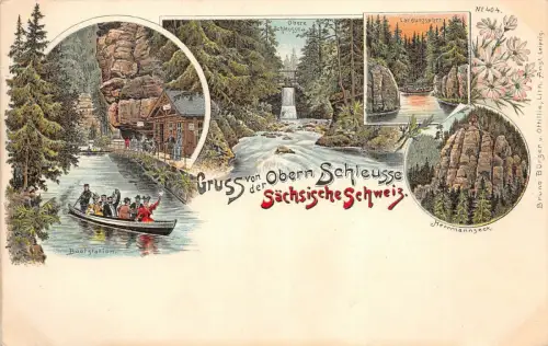 Gruss von der Obern Schleusse Sächsische Schweiz Bootstation Postkarte AK