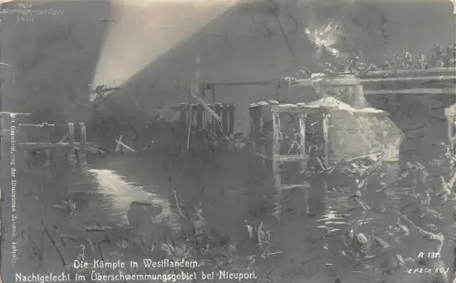 Nachtgefecht im Überschwemmungsgebiet bei NIeuport Patriotika Postkarte AK 1914