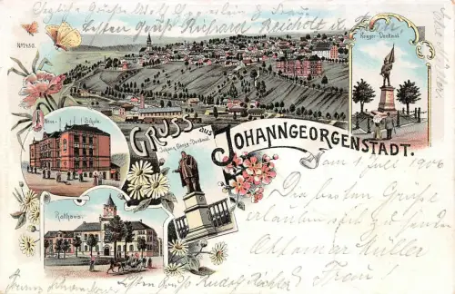 Gruss aus Johanngeorgenstadt Rathaus Neue Schule Litho AK 1906