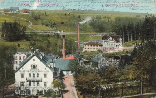 Gasthaus Franz Pohl, Pöhlbachtal mit Grundmühle Weipert Böhmen Postkarte AK