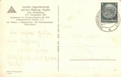 Deutsche Jugendherberge auf dem Aschberg Vogtland Fotokarte AK 1939
