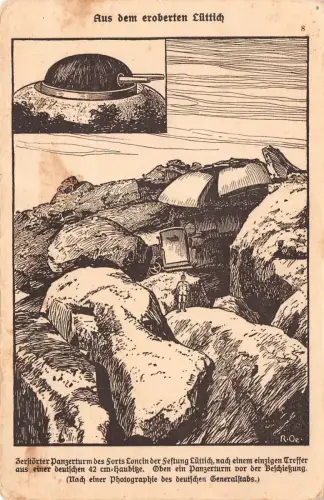 Zerstörter Panzerturm der Festung Lüttich Patriotika Postkarte AK 1915