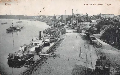 Riesa Blick von der Brücke Elbquai Dampfer Postkarte AK 1918