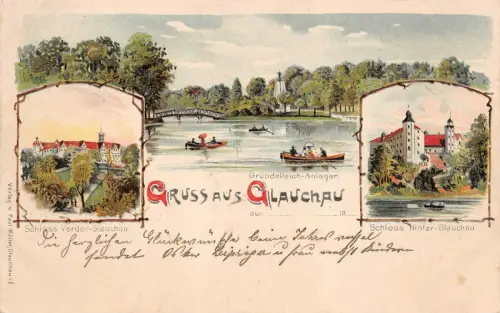 Gruss aus Glauchau Gründelteich und Schloss Sachsen Litho Postkarte AK 1900