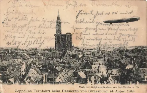 Zeppelins Fernfahrt beim Passieren von Strassburg Frankreich Postkarte AK 1911