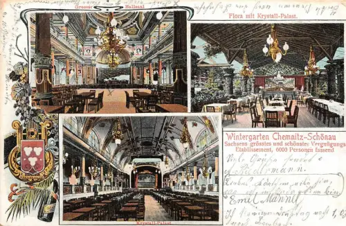 Wintergarten Chemnitz-Schönau Flore mit Krystall-Palast Ballsaal Litho AK 1909