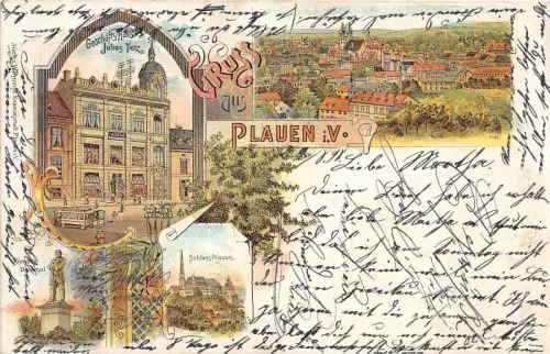 Plauen Vogtland Geschäfts Haus Julius Tietz Litho Postkarte gel. 1898