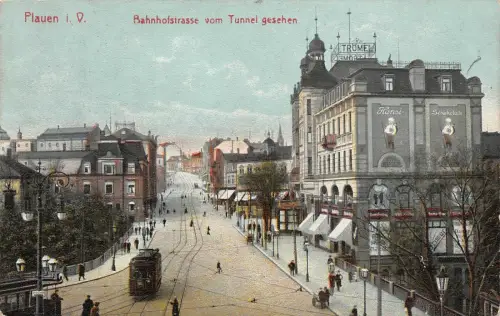 Plauen i.V. Bahnhofstrasse vom Tunnel gesehen AK 1908
