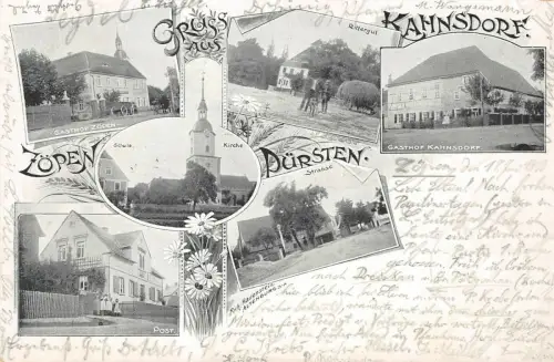 Gruss aus Kahnsdorf Zöpen Dürsten Kirche Rittergut Gasthof Postkarte AK 1900