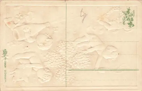 Prosit Neujahr Kind Schein Blumen Hufeisen Sekt Korken knallen Postkarte AK