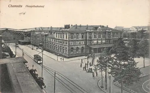 Chemnitz Hauptbahnhof Straßenbahn Postkarte 1916