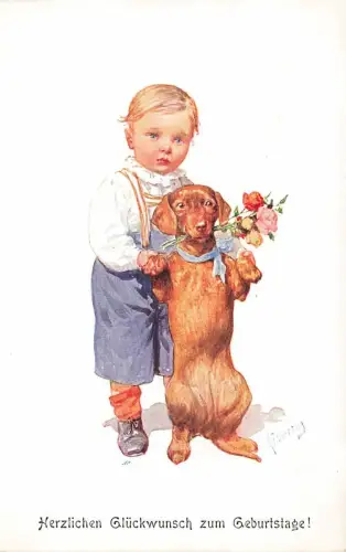 Junge mit Dackel Geburtstag Künstlerkarte K. Feiertag Nr 5