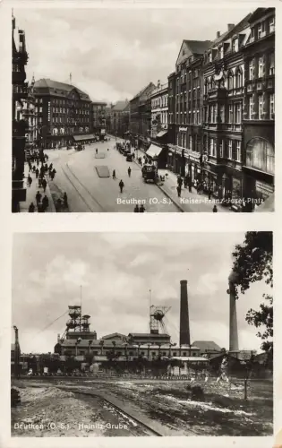 Kaiser-Franz-Josef-Platz und Heinitz-Grube Beuthen Schlesien Postkarte AK
