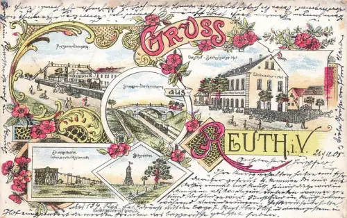 Gruss aus Reuth i. V. Gasthof Sächsischer Hof Drahtseilbahn Postkarte AK 1905