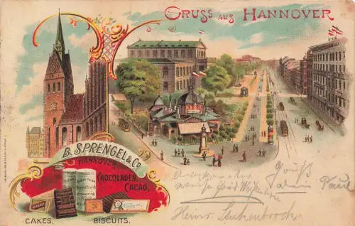 Kirche und Straße, B. Sprengel Cacao in Hannover Niedersachsen Litho AK 1899