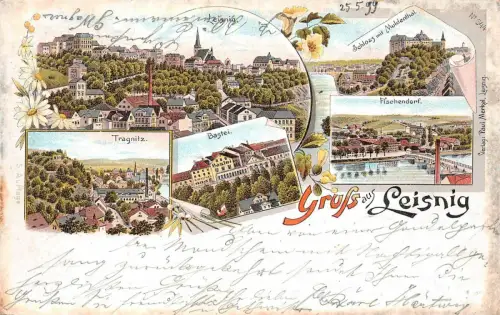Gruß aus Leisnig mit Schloss Sachsen Litho Postkarte AK 1899