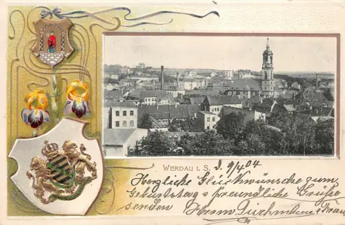 Werdau i. S. Ansicht Kirche Wappen Postkarte AK geprägt 1904